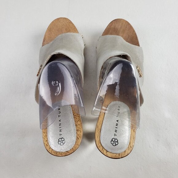 Trina Turk Palm Springs Lucite Heel Womens 9 Silver Wooden Slip On Platform Shoe - Picture 10 of 13